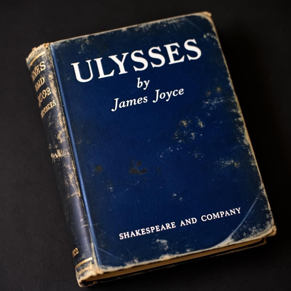 The 1922 first edition of Ulysses by James Joyce in its deep blue Shakespeare & Company cover.